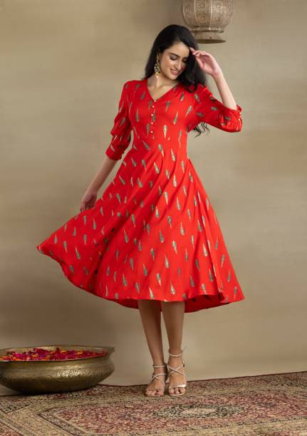 Women Fit and Flare Red Dress Price in India