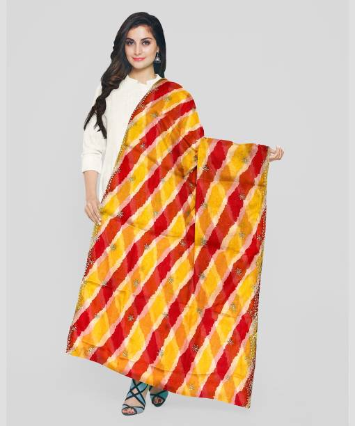 Art Silk Striped Yellow, Red Women Dupatta Price in India