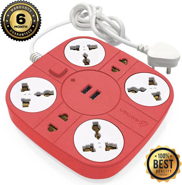 Axmon Extension Cord with 2 USB Charging Ports and 6 Socket - 10 Amp Heavy Duty Multiplug Extension Board for Multiple Devices Smartphone Tablet Laptop Computer - Red 10 A Six Pin Socket