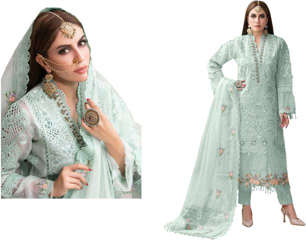 Semi Stitched Net/Lace Kurta & Palazzo Material Embroidered Price in India
