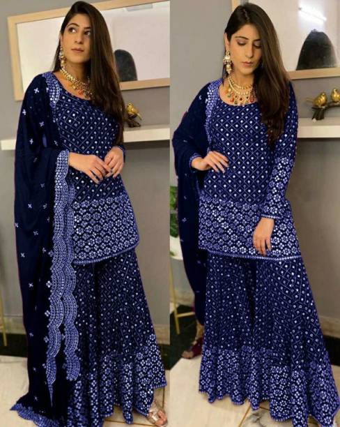 Semi Stitched Georgette Kurta & Sharara Fabric Embellished Price in India