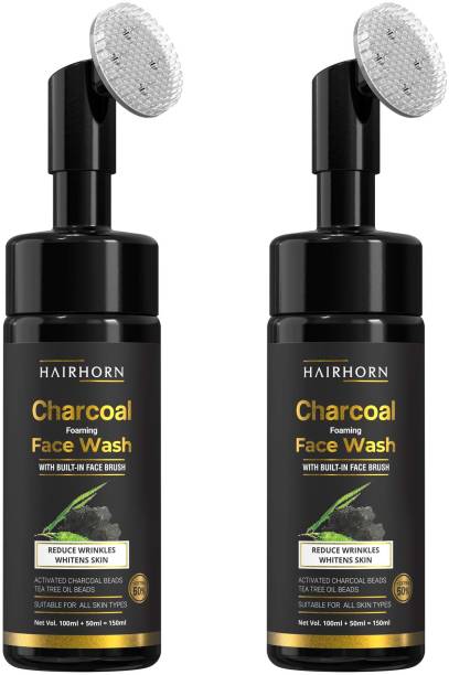 HairHorn Foaming Activated Charcoal with Built-In Face Brush for deep cleansing Pack of 2 Face Wash