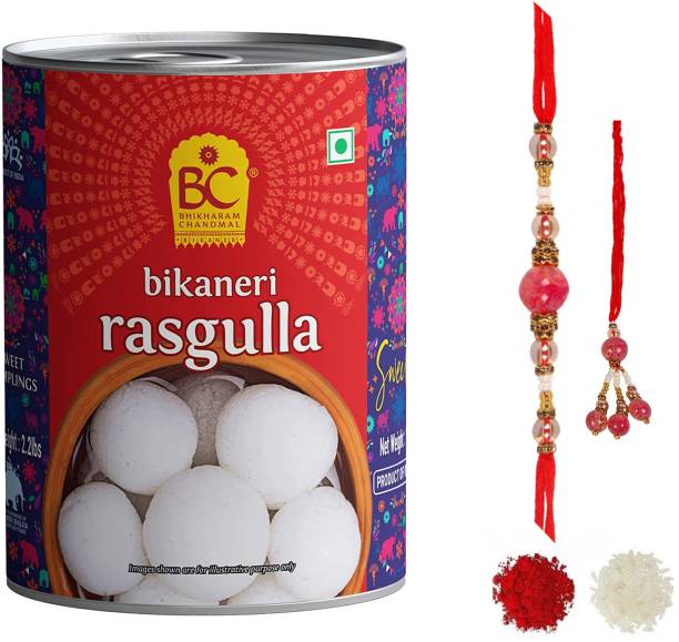 BHIKHARAM CHANDMAL Rasgulla 500 Gm & Bhaiya Bhabhi Rakhi | Raksha Bandhan Gift Plastic Gift Box