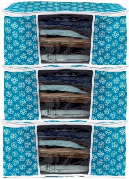 Beyond Imagine New Patti Design Quilted saree Cover Bag/ wardrobe organizer with transparent window Blue Non Woven Bag Pack Of 3