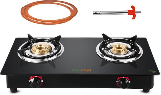 Greenchef Ebony Pro 2BR ( Hose Pipe + Lighter ) Glass Manual Gas Stove