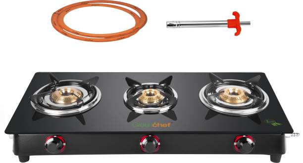 Greenchef Ebony Pro 3BR ( Hose Pipe + Lighter ) Glass Manual Gas Stove