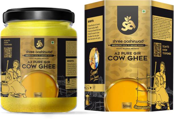SHREE AASHIRWAD A2 Pure Ghee -500ml|100% Desi Gir Cow|Vedic Bilona Method|Curd-Churned Ghee 500 ml Mason Jar