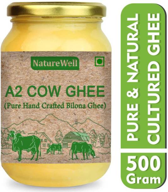 Naturewell Organics A2 Gir Cow Ghee, Pure Desi Ghee made from traditional Vaidik bilona Method Ghee 500 g Glass Bottle