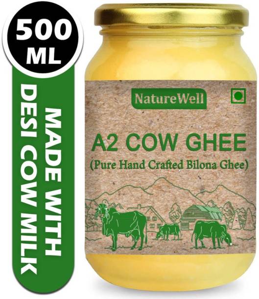 Naturewell Organics A2 Cow Ghee, Pure Ghee made from traditional Method Ghee 500 ml Glass Bottle