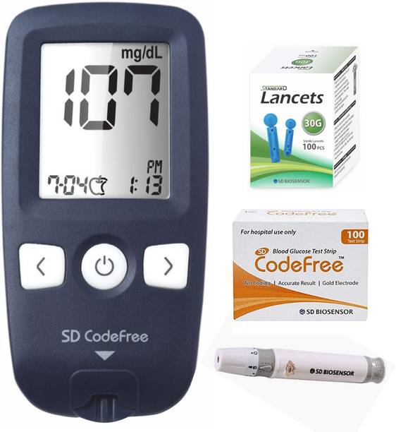 SD Codefree Blood Glucose testing monitor machine with 100 Strips & Round Lancet - Glucometer