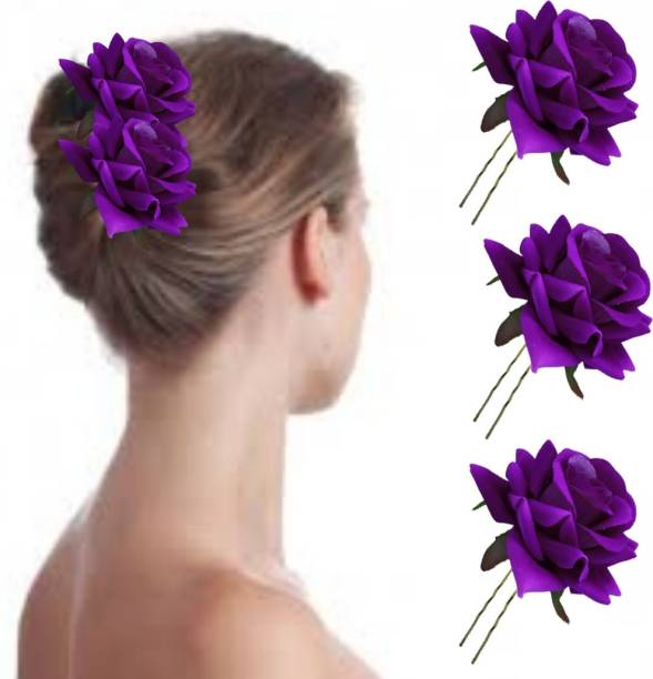 gmall creations Purple Rose Flower Jura Pins In U-Shape with Roses for Girls and Women Pack of 3 Hair Pin