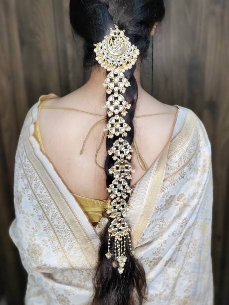 Karatcart Gold Plated Peacock Design Pearl and Kundan Studded Bridal Wedding Hair Braid Braid Extension