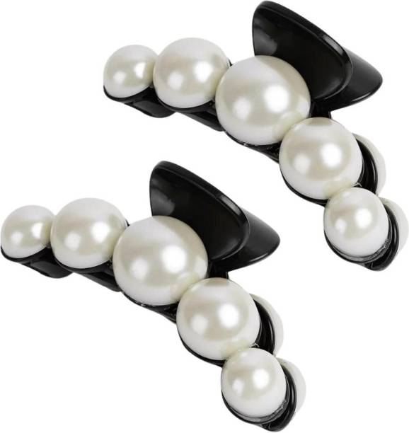 Pia Creations 2PCS Large Pearl Black Hair Clutcher Hair Styling Accessories for Women & Girls Hair Claw