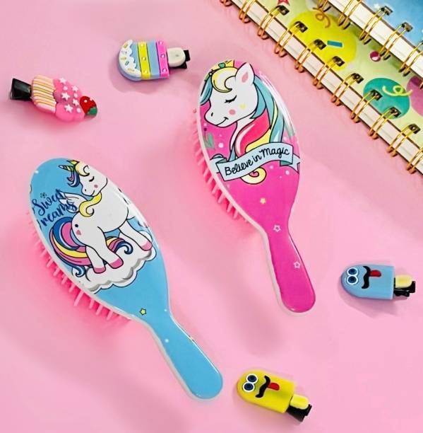 Le Delite Hair Brush,(Pack of 2 ) Unicorn Paddle Hair Styling Brush with Air Cushion & Soft Bristle Mermaid Cute Mini Stylish Glittery Printed Comb Kids Girls Toddler Women Long Wet Curly Dry Hair