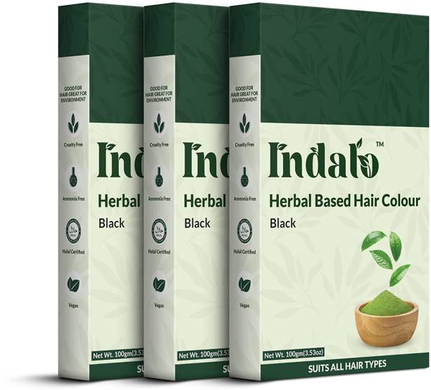 Indalo Herbal Based Black Hair Colour with Amla & Henna, No Ammonia - (Pack of 3, 300g) , Black