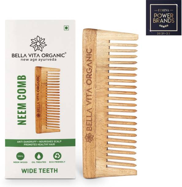 Bella vita organic Dual Teeth Wooden Neem Comb For Tanglefree Curls, Healthy Scalp, Regular, Smooth Hair & Anti-Dandruff