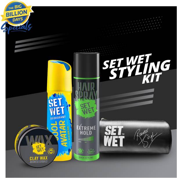 SET WET Men's Styling Kit-Deodorant(150ml),Clay Hair Wax(60g),Hair Spray(200ml) & Pouch Hair Wax