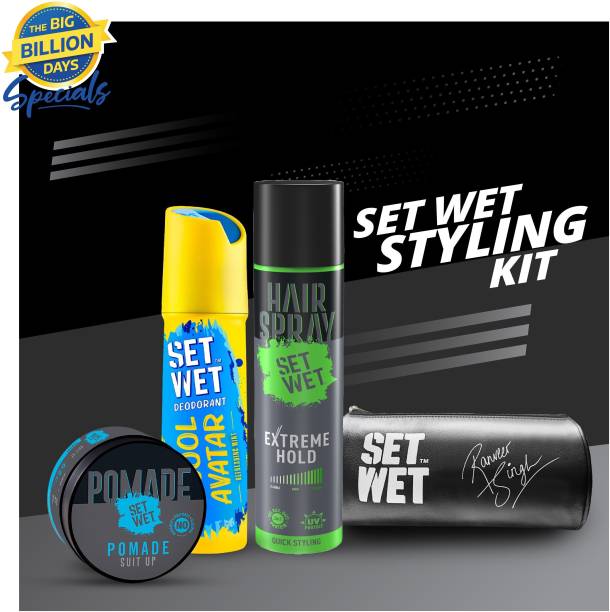 SET WET Men's Styling Kit-Deodorant(150ml),Pomade(60g),Hair Spray for Men(200ml) & Pouch Hair Wax