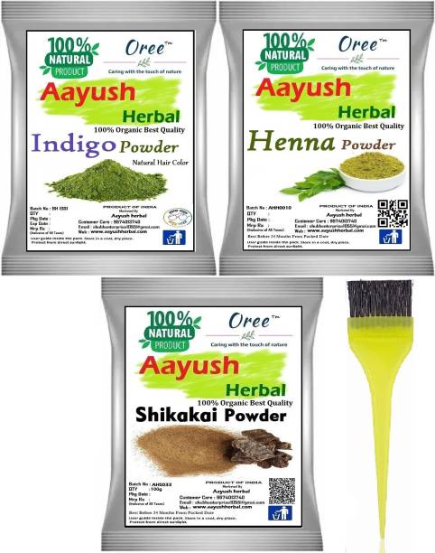 Aayush herbal INDIGO+HENNA+SHIKAKAI POWDER 100% NATURAL for HAIR Color/Hair Growth(100g Each) Combo pack