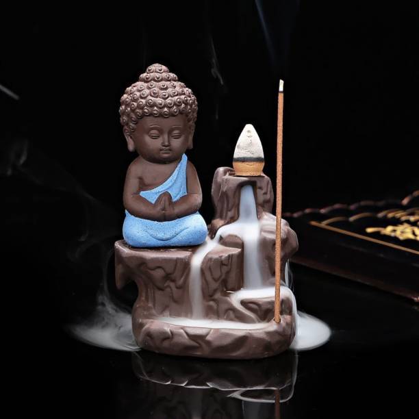 eCraftIndia Meditating Monk Buddha Smoke Backflow Cone Incense Holder Decorative Showpiece with 10 free Smoke Backflow Scented Cone Incenses Decorative Showpiece  -  12 cm