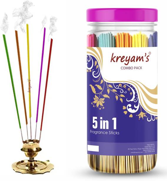 Kreyam's Incense Sticks - Agarbatti - Fragrance Sticks - Combo of 5 Fragrances Mogra, Rose, Gugal, Fentasiya, pandadi