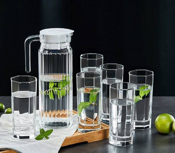Shivshakti Kitchenware Water Imperial Lemon Set of 7 Pcs Combo Set 6 Glass 270ml With Jug 1.1L Jug Glass Set