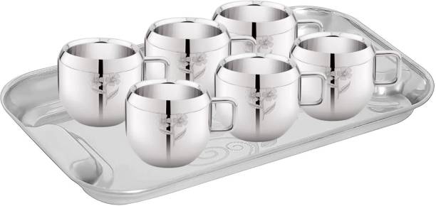 LIMETRO STEEL Combo set( 6 Tea Cups, 1 Tray) for Serving Tea, Coffee Cups and Tray Glass Tray Set