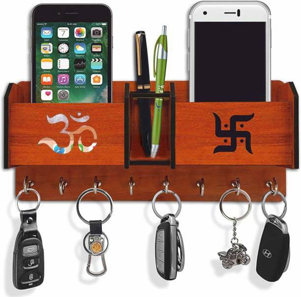 Arpita Crafts Wooden 2 Pocket Pen Stand Om Swastik 8 Hook Brown Wood Key Holder Wood Key Holder