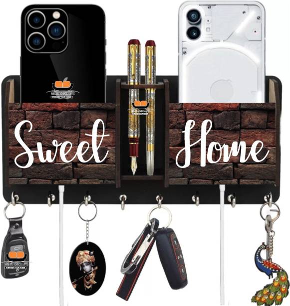 Heritagecrafts Designer Sweet home Wooden 2 Pocket Mobile and Pen holder 8 Hooks Wood Key Holder