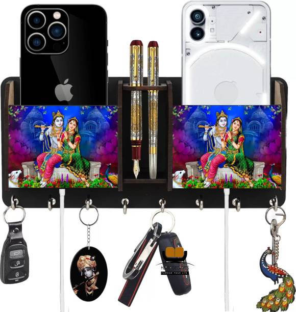 Heritagecrafts Radha krishna Unique Wooden 2 Pocket Mobile and Pen holder 8 Hooks Wood Key Holder