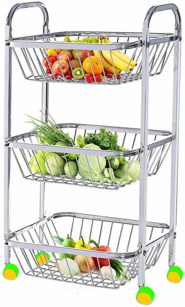 caazco Stainless Steel Fruit & Vegetable Modular Kitchen Storage Trolley with Wheels Stainless Steel Kitchen Trolley
