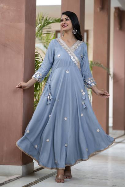Women Embellished Viscose Rayon Flared Kurta Price in India
