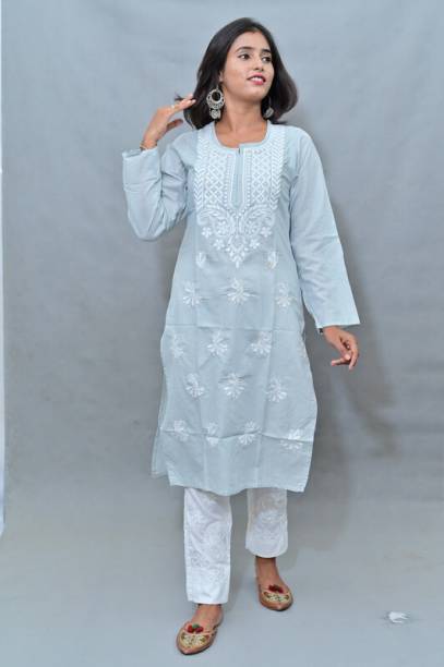 Women Chikan Embroidery Cotton Blend A-line Kurta Price in India