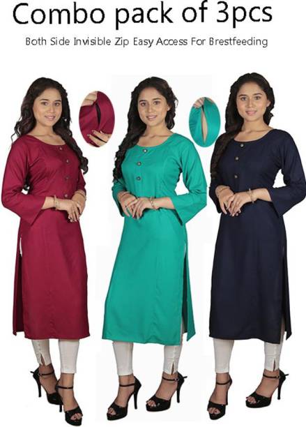 Pack of 3 Women Solid Cotton Rayon A-line Kurta Price in India