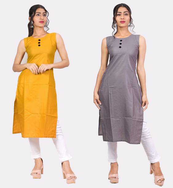 Pack of 2 Women Self Design Cotton Linen Straight Kurta Price in India