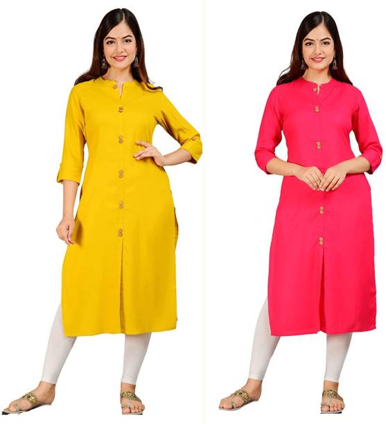 Pack of 2 Women Solid Viscose Rayon Frontslit Kurta Price in India