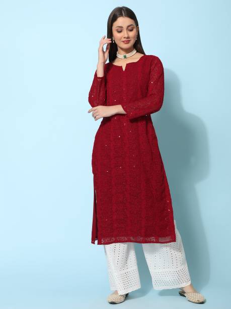 Women Chikan Embroidery Georgette A-line Kurta Price in India