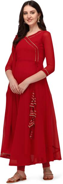 Women Solid Georgette Anarkali Kurta With Attached Dupatta Price in India
