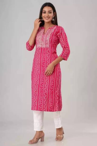 Women Bandhani Cotton Rayon Straight Kurta Price in India