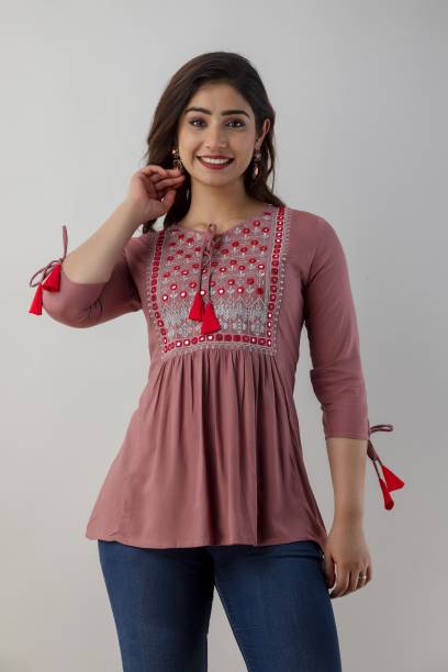 ANNU PARIDHAN Casual Embroidered Women Pink Top