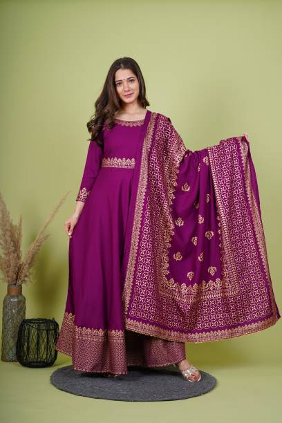 Women Self Design Viscose Rayon Gown Kurta With Attached Dupatta Price in India