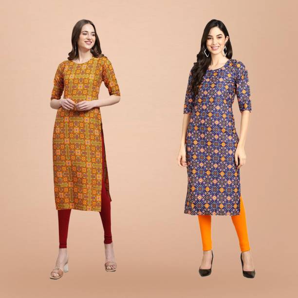 Pack of 2 Women Printed Crepe Straight Kurta Price in India