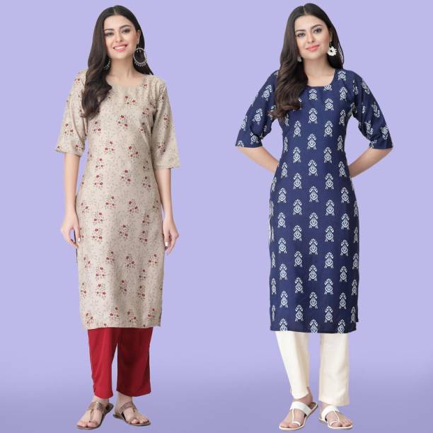 Pack of 2 Women Printed Crepe Straight Kurta Price in India