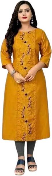 Women Embroidered Cotton Linen A-line Kurta Price in India
