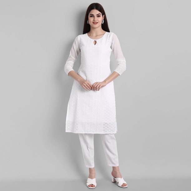 Ladies Chikan Work White Kurti, Wash Care: Machine wash