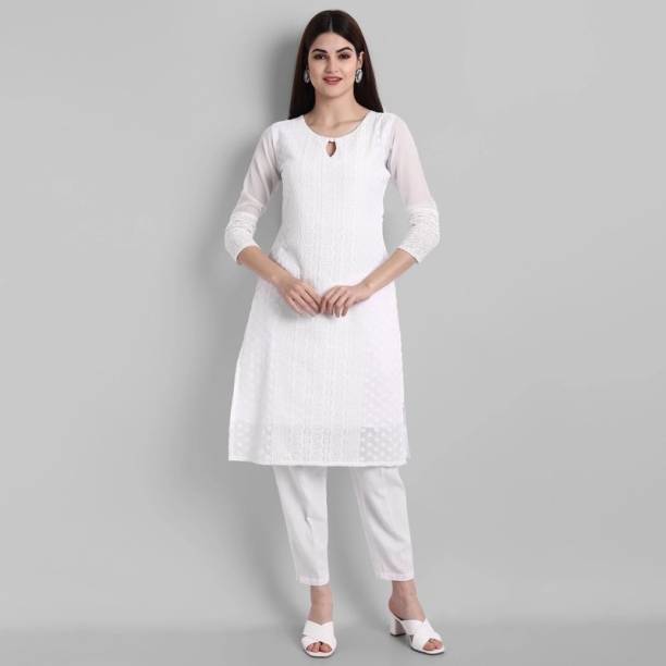 Women Chikan Embroidery Georgette A-line Kurta Price in India