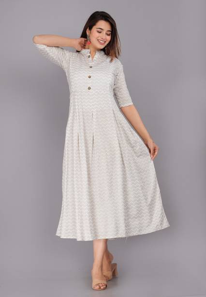 Women Self Design Cotton Rayon A-line Kurta  (White, Brown)