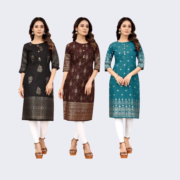 Pack of 3 Women Printed Cotton Blend Straight Kurta Price in India