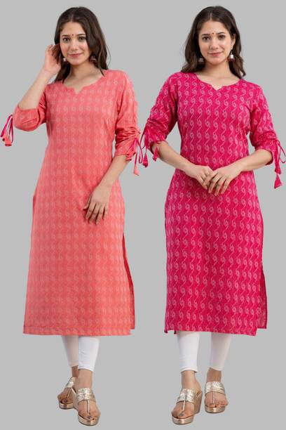 Pack of 2 Women Printed Pure Cotton Straight Kurta  (Pink, Orange, White)