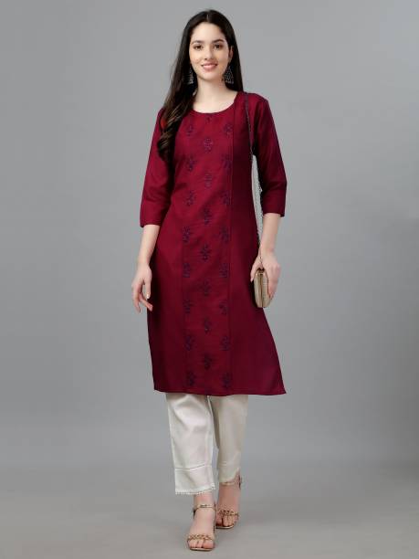 Women Embroidered, Solid Pure Cotton Straight Kurta Price in India